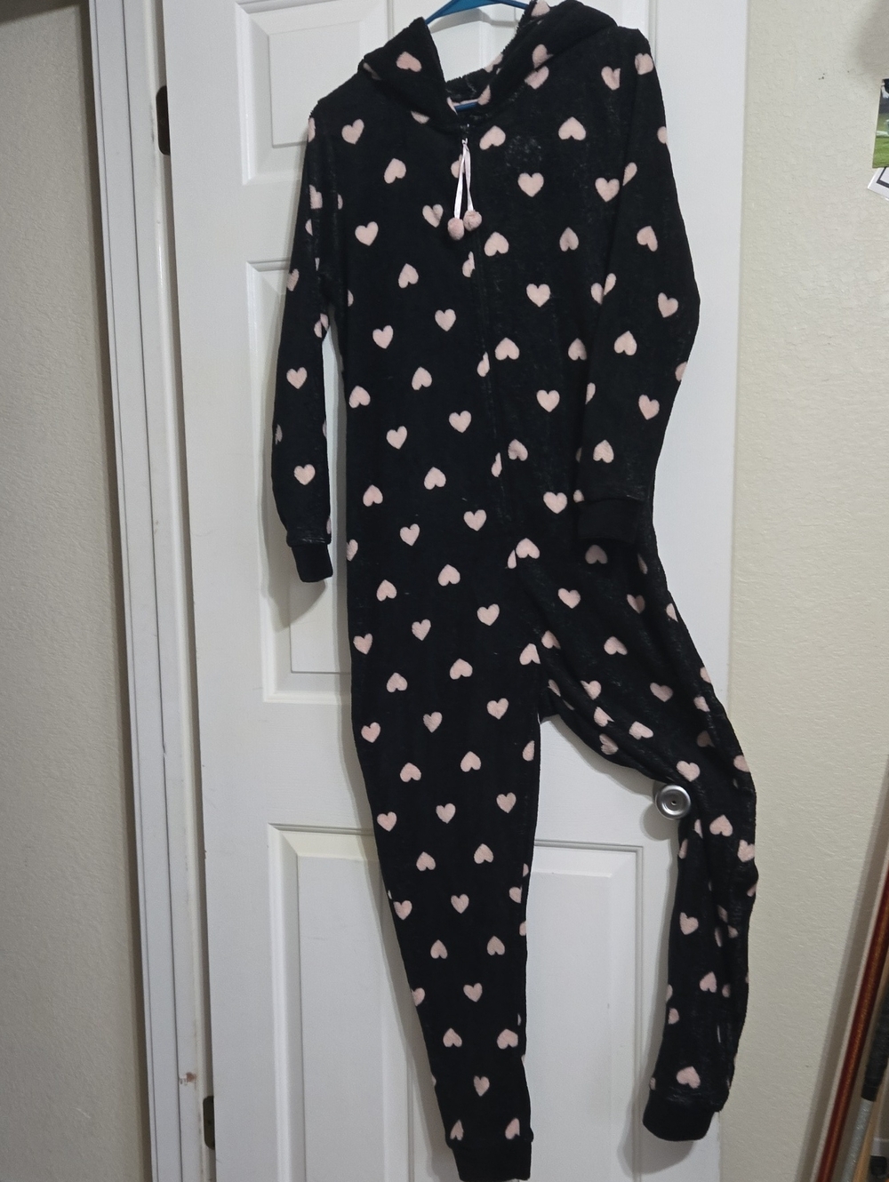 Women's Black Hooded Onesie with Pink Heart Print
